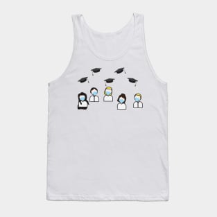 Class of 2020 Graduation - Characters with Face Masks Looking at Flying Graduation Caps Tank Top